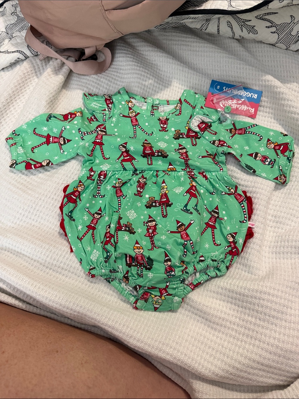 Ruffle Butts Mint Green Holiday Elf Print Baby One-Piece